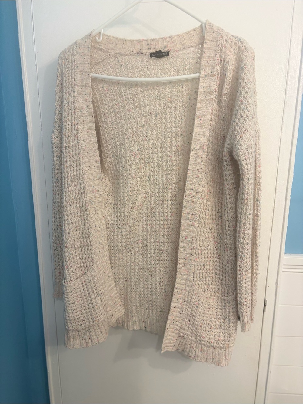 Express Cream Open-Front Speckled Knit Cardigan